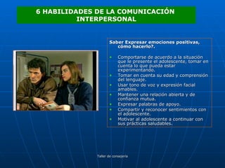 Saber Expresar emociones positivas, cómo hacerlo?. Comportarse de acuerdo a la situación que le presente el adolescente, tomar en cuenta lo que pueda estar experimentando. Tomar en cuenta su edad y comprensión del lenguaje. Usar tono de voz y expresión facial amables. Mantener una relación abierta y de confianza mutua. Expresar palabras de apoyo. Compartir y reconocer sentimientos con el adolescente. Motivar al adolescente a continuar con sus prácticas saludables. 6 HABILIDADES DE LA COMUNICACIÓN  INTERPERSONAL 