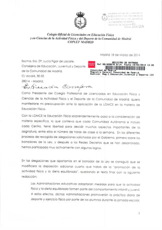 Carta dirigida a la Consejera de Educación (Doña Lucía Figar de LaCalle) 