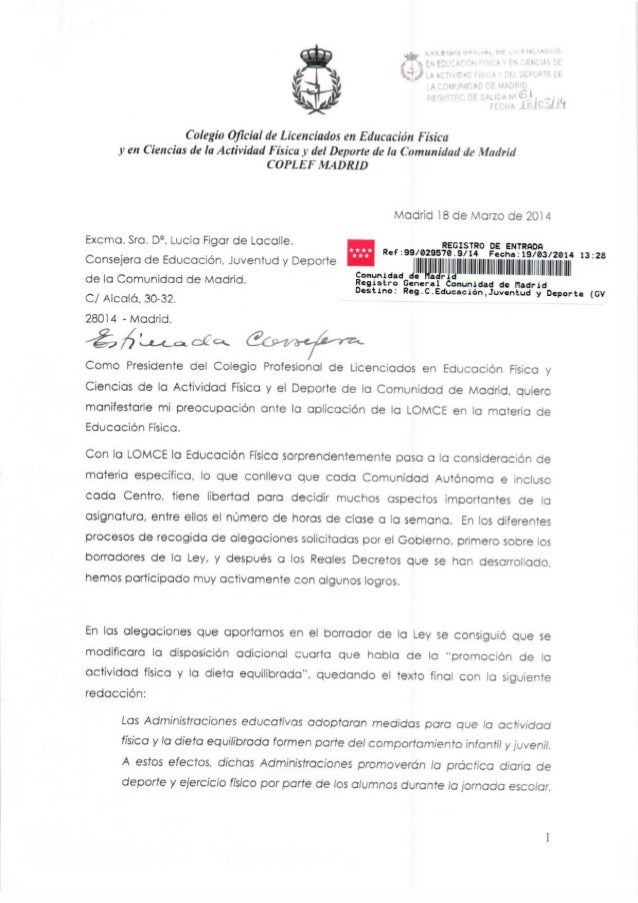 Carta Dirigida A La Consejera De Educacion Dona Lucia Figar De Lacal