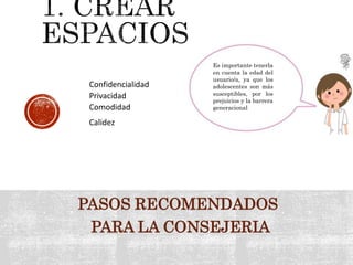 PASOS RECOMENDADOS
PARA LA CONSEJERIA
Confidencialidad
Privacidad
Comodidad
Calidez
.
Es importante tenerla
en cuenta la edad del
usuario/a, ya que los
adolescentes son más
susceptibles, por los
prejuicios y la barrera
generacional
 