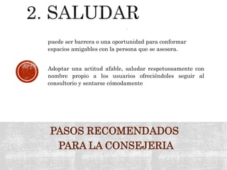 PASOS RECOMENDADOS
PARA LA CONSEJERIA
.
puede ser barrera o una oportunidad para conformar
espacios amigables con la persona que se asesora.
Adoptar una actitud afable, saludar respetuosamente con
nombre propio a los usuarios ofreciéndoles seguir al
consultorio y sentarse cómodamente
 