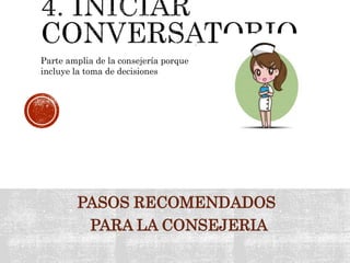 PASOS RECOMENDADOS
PARA LA CONSEJERIA
.
Parte amplia de la consejería porque
incluye la toma de decisiones
 