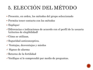  Presente, en orden, los métodos del grupo seleccionado
 Permita tener contacto con los métodos
 Explique:
Diferencias e indicaciones de acuerdo con el perfil de la usuaria
(criterios de elegibilidad)
Cómo se utilizan.
Seguridad anticonceptiva.
 Ventajas, desventajas y miedos
 Signos de alarma
Retorno de la fertilidad
Verifique si le comprendió por medio de preguntas.
 