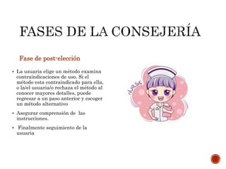 Fase de post-elección
 La usuaria elige un método examina
contraindicaciones de uso. Si el
método esta contraindicado para ella,
o la/el usuaria/o rechaza el método al
conocer mayores detalles, puede
regresar a un paso anterior y escoger
un método alternativo
 Asegurar comprensión de las
instrucciones.
 Finalmente seguimiento de la
usuaria
 