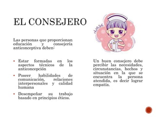 Las personas que proporcionan
educación y consejería
anticonceptiva deben:
 Estar formadas en los
aspectos técnicos de la
anticoncepción
 Poseer habilidades de
comunicación, relaciones
interpersonales y calidad
humana
 Desempeñar su trabajo
basado en principios éticos.
Un buen consejero debe
percibir las necesidades,
circunstancias, hechos y
situación en la que se
encuentra la persona
atendida, es decir lograr
empatía.
 