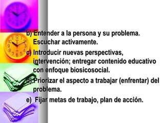 b) Entender a la persona y su problema.
   Escuchar activamente.
c) Introducir nuevas perspectivas,
   intervención; entregar contenido educativo
   con enfoque biosicosocial.
d) Priorizar el aspecto a trabajar (enfrentar) del
   problema.
e) Fijar metas de trabajo, plan de acción.
 