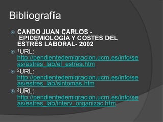 Bibliografía
 CANDO JUAN CARLOS -
EPIDEMIOLOGÍA Y COSTES DEL
ESTRÉS LABORAL- 2002
 1URL:
http://pendientedemigracion.ucm.es/info/se
as/estres_lab/el_estres.htm
 2URL:
http://pendientedemigracion.ucm.es/info/se
as/estres_lab/sintomas.htm
 3URL:
http://pendientedemigracion.ucm.es/info/se
as/estres_lab/interv_organizac.htm
 