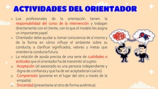 ACTIVIDADES DEL ORIENTADOR
 Los profesionales de la orientación tienen la
responsabilidad del curso de la intervención y trabajan
directamente con el cliente, con lo que el modelo les asigna
un importantepapel.
 Orientador debe ayudar a: tomar consciencia de sí mismo y
de la forma en cómo influye el ambiente sobre su
conducta; a clarificar significados, valores y metas que
orienten la conductafutura.
 La relación de ayuda precisa de una serie de cualidades o
actitudes que el orientadorha de transmitir al sujeto:
a) Aceptación (el asesorado es una persona independiente y
digna de confianzay que ha de ser aceptadatal cual es)
b) Comprensión (ponerse en el lugar del otro a través de la
empatía)
c) Sinceridad (presentarseal otro de formaauténtica)
 