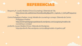 REFERENCIAS
Bisquerra, R. (2006).ModeloClínico(Counseling).Obtenidode Tdx:
https://www.tdx.cat/bitstream/handle/10803/8907/OC_Capitulo_V_Def.pdf?sequence
=13
CentroPedagógicoPaideia.(2019).Modelode counselingo consejo.Obtenidode Centro
PedagógicoPaideia:
https://centropedagogicopaideiaavila.wordpress.com/2019/07/15/modelo-de-
counseling-o-consejo/
profeinfo.(2010).ModeloClínico. Obtenidode Wordpress:
https://profeinfo.files.wordpress.com/2018/09/modelo-clc3adnico.pdf
 