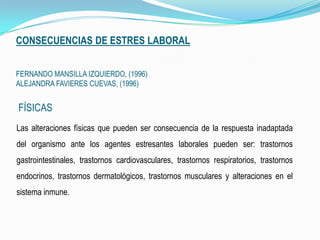 CONSECUENCIAS DE ESTRES LABORAL
FERNANDO MANSILLA IZQUIERDO, (1996)
ALEJANDRA FAVIERES CUEVAS, (1996)
FÍSICAS
Las alteraciones físicas que pueden ser consecuencia de la respuesta inadaptada
del organismo ante los agentes estresantes laborales pueden ser: trastornos
gastrointestinales, trastornos cardiovasculares, trastornos respiratorios, trastornos
endocrinos, trastornos dermatológicos, trastornos musculares y alteraciones en el
sistema inmune.
 