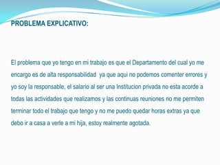 PROBLEMA EXPLICATIVO:
El problema que yo tengo en mi trabajo es que el Departamento del cual yo me
encargo es de alta responsabilidad ya que aqui no podemos comenter errores y
yo soy la responsable, el salario al ser una Institucion privada no esta acorde a
todas las actividades que realizamos y las continuas reuniones no me permiten
terminar todo el trabajo que tengo y no me puedo quedar horas extras ya que
debo ir a casa a verle a mi hija, estoy realmente agotada.
 