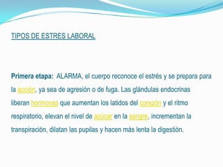 TIPOS DE ESTRES LABORAL
Primera etapa: ALARMA, el cuerpo reconoce el estrés y se prepara para
la acción, ya sea de agresión o de fuga. Las glándulas endocrinas
liberan hormonas que aumentan los latidos del corazón y el ritmo
respiratorio, elevan el nivel de azúcar en la sangre, incrementan la
transpiración, dilatan las pupilas y hacen más lenta la digestión.
 