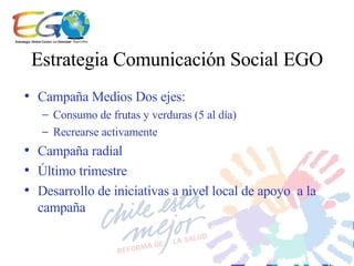 Campaña Medios Dos ejes: Consumo de frutas y verduras (5 al día) Recrearse activamente Campaña radial Último trimestre Desarrollo de iniciativas a nivel local de apoyo  a la campaña Estrategia Comunicación Social EGO 