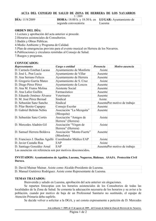 ACTA DEL CONSEJO DE SALUD DE ZONA DE HERRERA DE LOS NAVARROS
                                                       3 / 2009
DÍA: 11/8/2009                      HORA: 18:00 h. y 18:30 h. en                    LUGAR: Ayuntamiento de
                                    segunda convocatoria                            Luesma

ORDEN DEL DÍA:
1.Lectura y aprobación del acta anterior si procede.
2.Horarios asistenciales de Consultorios.
3.Badén y Obras Públicas.
4.Medio Ambiente y Programa de Calidad.
5.Plan de emergencias previsto para el evento musical en Herrera de los Navarros.
6.Publicaciones y circulares remitidas al Consejo de Salud.
7.Ruegos y preguntas.

CONVOCADOS:
Representantes                    Cargo o entidad                            Presencia               Motivo ausencia
D. Carmelo Esteban Lacasa        Ayuntamiento de Monforte                         Asiste
D. José L. Prat Lucia            Ayuntamiento de Villar                          Ausente
D. Ana Serrano Felices           Ayuntamiento de Herrera                         Ausente
D. Gregorio Gurría Mateo         Ayuntamiento de S. Cruz                          Asiste
D. Diego Pérez Pérez             Ayuntamiento de Loscos                          Ausente
D. Ana M. Frutos Molina          Asistente Social                                Ausente
D. Ana Lafoz Guillén             Farmacéutico                                    Ausente
D. Eduardo Jiménez Álvarez       Veterinario                                     Ausente
D. M. José Pérez Bernad          Sindical                                         Asiste
D. Sebastián Sanz Sancho         Sindical                                        AusentePor motivo de trabajo
D. Pilar Benito Capapey          Consejo Escolar                                 Ausente
D. Gabriel Beltrán Nebra         Asociación “La Mezquita”                        Ausente
                                 (Mezquita)
D. Sebastián Sanz Cortés         Asociación “Amigos de                              Asiste
                                 Herrera” (Herrera)
D. Mercedes Aladrén Gil          Asociación “Virgen de                              Asiste
                                 Herrera” (Herrera)
D. Samuel Herrera Boldova        Asociación “Monte-Fuerte”                       Ausente
                                 (Monforte)
D. Francisco J. Dueñas Agulló Coordinador Médico EAP                              Asiste
D. Javier Castaño Roa            EAP                                              Asiste
D. Santiago González Arnal       EAP                                             AusentePor motivo de trabajo
Las ausencias sin referencia son por motivos desconocidos.

INVITADOS: Ayuntamientos de Aguilón, Luesma, Nogueras, Bádenas. ASAJA. Protección Civil
Daroca.

D. David Mainar Mainar. Asiste como Alcalde-Presidente de Luesma.
D. Manuel Gutiérrez Rodríguez. Asiste como Representante de Luesma.

TEMAS TRATADOS:
        Bienvenida y saludo en Luesma, aprobación del acta anterior sin alegaciones.
        Se reparten fotocopias con los horarios asistenciales de los Consultorios de todas las
localidades de la Zona de Salud. Se comenta la adecuación necesaria de los horarios y su aviso a la
población, cuando por motivo de baja de un Profesional Sanitario no sustituido, el equipo de
Atención Primaria deba suplirlo.
        Se decide volver a solicitar a la DGA, y así consta expresamente a petición de D. Mercedes

                         Acta ordinaria 3 / 2009, de 11 de agosto de 2009 , del Consejo de Salud de Zona de Herrera de los Navarros.
                                                  Página 1 de 2
 