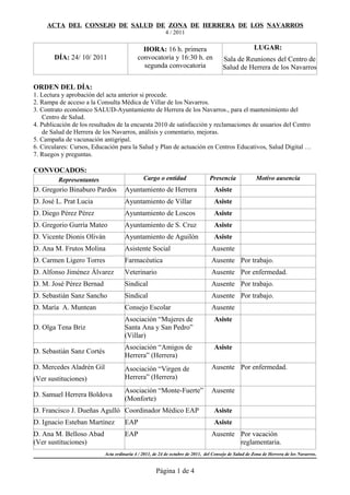 ACTA DEL CONSEJO DE SALUD DE ZONA DE HERRERA DE LOS NAVARROS
4 / 2011
DÍA: 24/ 10/ 2011
HORA: 16 h. primera
convocatoria y 16:30 h. en
segunda convocatoria
LUGAR:
Sala de Reuniones del Centro de
Salud de Herrera de los Navarros
ORDEN DEL DÍA:
1. Lectura y aprobación del acta anterior si procede.
2. Rampa de acceso a la Consulta Médica de Villar de los Navarros.
3. Contrato económico SALUD-Ayuntamiento de Herrera de los Navarros., para el mantenimiento del
Centro de Salud.
4. Publicación de los resultados de la encuesta 2010 de satisfacción y reclamaciones de usuarios del Centro
de Salud de Herrera de los Navarros, análisis y comentario, mejoras.
5. Campaña de vacunación antigripal.
6. Circulares: Cursos, Educación para la Salud y Plan de actuación en Centros Educativos, Salud Digital …
7. Ruegos y preguntas.
CONVOCADOS:
Representantes Cargo o entidad Presencia Motivo ausencia
D. Gregorio Binaburo Pardos Ayuntamiento de Herrera Asiste
D. José L. Prat Lucia Ayuntamiento de Villar Asiste
D. Diego Pérez Pérez Ayuntamiento de Loscos Asiste
D. Gregorio Gurría Mateo Ayuntamiento de S. Cruz Asiste
D. Vicente Dionis Oliván Ayuntamiento de Aguilón Asiste
D. Ana M. Frutos Molina Asistente Social Ausente
D. Carmen Ligero Torres Farmacéutica Ausente Por trabajo.
D. Alfonso Jiménez Álvarez Veterinario Ausente Por enfermedad.
D. M. José Pérez Bernad Sindical Ausente Por trabajo.
D. Sebastián Sanz Sancho Sindical Ausente Por trabajo.
D. María A. Muntean Consejo Escolar Ausente
D. Olga Tena Briz
Asociación “Mujeres de
Santa Ana y San Pedro”
(Villar)
Asiste
D. Sebastián Sanz Cortés
Asociación “Amigos de
Herrera” (Herrera)
Asiste
D. Mercedes Aladrén Gil
(Ver sustituciones)
Asociación “Virgen de
Herrera” (Herrera)
Ausente Por enfermedad.
D. Samuel Herrera Boldova
Asociación “Monte-Fuerte”
(Monforte)
Ausente
D. Francisco J. Dueñas Agulló Coordinador Médico EAP Asiste
D. Ignacio Esteban Martínez EAP Asiste
D. Ana M. Belloso Abad
(Ver sustituciones)
EAP Ausente Por vacación
reglamentaria.
Acta ordinaria 4 / 2011, de 24 de octubre de 2011, del Consejo de Salud de Zona de Herrera de los Navarros.
Página 1 de 4
 