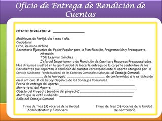 OFICIO DIRIGIDO A: ________________

Machiques de Perijá, día / mes / año.
Ciudadano:
Lcdo. Reinaldo Urbina
Secretario Ejecutivo del Poder Popular para la Planificación, Programación y Presupuesto.
                  Atención:
                  TSU Lesymar Sánchez
                  Jefa del Departamento de Rendición de Cuentas y Recursos Presupuestados.
Nos dirigimos a usted en la oportunidad de hacerle entrega de la carpeta contentiva de los
Documentos que soportan la rendición de cuentas correspondiente al aporte otorgado por el
Servicio Autónomo Fondo Nacional de los Consejos Comunales (Safonacc) al Consejo Comunal:
_____________, de la Parroquia: ___________________, de conformidad a lo establecido
en el artículo 31 de la Ley Orgánica de los Consejos Comunales.
Fecha de entrega del aporte: ______________________________________
Monto total del Aporte: ___________________________________________
Objeto del Proyecto (nombre del proyecto):___________________________
Monto que se está rindiendo: _____________________________________
Sello del Consejo Comunal

    Firma de tres (3) voceros de la Unidad          Firma de tres (3) voceros de la Unidad
       Administrativa y Financiera.                             De Contraloría.
 