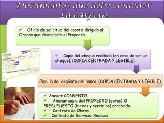  Oficio de solicitud del aporte dirigido al
Organo que financiaría el Proyecto




                   Copia del cheque recibido (en caso de ser un
                  cheque). (COPIA CENTRADA Y LEGIBLE).




          Planilla del depósito del banco. (COPIA CENTRADA Y LEGIBLE).


             Anexar CONVENIO.
             Anexar copia del PROYECTO (obras) O
            PRESUPUESTO (bienes y servicios) aprobado.
             Contrato de Obras.
             Contrato de Servicio. Recibos.
 