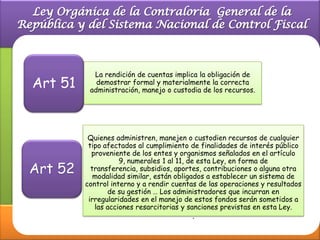 La rendición de cuentas implica la obligación de
Art 51      demostrar formal y materialmente la correcta
          administración, manejo o custodia de los recursos.




          Quienes administren, manejen o custodien recursos de cualquier
          tipo afectados al cumplimiento de finalidades de interés público
           proveniente de los entes y organismos señalados en el artículo
                    9, numerales 1 al 11, de esta Ley, en forma de
Art 52     transferencia, subsidios, aportes, contribuciones o alguna otra
            modalidad similar, están obligados a establecer un sistema de
         control interno y a rendir cuentas de las operaciones y resultados
                de su gestión … Los administradores que incurran en
          irregularidades en el manejo de estos fondos serán sometidos a
            las acciones resarcitorias y sanciones previstas en esta Ley.
                                            .
 