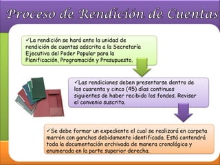 La rendición se hará ante la unidad de
rendición de cuentas adscrita a la Secretaría
Ejecutiva del Poder Popular para la
Planificación, Programación y Presupuesto.



                  Las rendiciones deben presentarse dentro de
                  los cuarenta y cinco (45) días continuos
                  siguientes de haber recibido los fondos. Revisar
                  el convenio suscrito.




        Se debe formar un expediente el cual se realizará en carpeta
        marrón con ganchos debidamente identificada. Está contendrá
        toda la documentación archivada de manera cronológica y
        enumerada en la parte superior derecha.
 