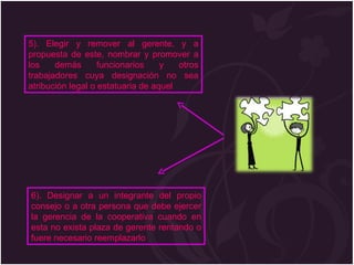 5). Elegir y remover al gerente, y a propuesta de este, nombrar y promover a los demás funcionarios y otros trabajadores cuya designación no sea atribución legal o estatuaria de aquel 6). Designar a un integrante del propio consejo o a otra persona que debe ejercer la gerencia de la cooperativa cuando en esta no exista plaza de gerente rentando o fuere necesario reemplazarlo 