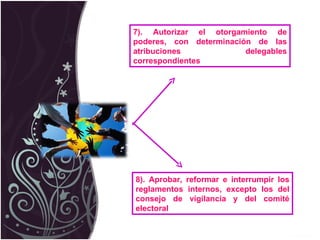 7). Autorizar el otorgamiento de poderes, con determinación de las atribuciones delegables correspondientes 8). Aprobar, reformar e interrumpir los reglamentos internos, excepto los del consejo de vigilancia y del comité electoral 