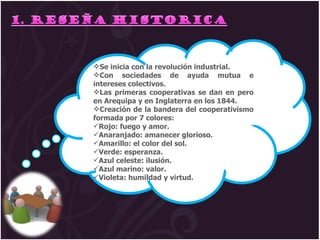 Se inicia con la revolución industrial. Con sociedades de ayuda mutua e intereses colectivos. Las primeras cooperativas se dan en pero en Arequipa y en Inglaterra en los 1844. Creación de la bandera del cooperativismo formada por 7 colores:  Rojo: fuego y amor. Anaranjado: amanecer glorioso. Amarillo: el color del sol. Verde: esperanza. Azul celeste: ilusión. Azul marino: valor. Violeta: humildad y virtud. 