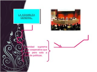 LA ASAMBLEA GENERAL  Autoridad suprema de la cooperativa que dirige pero solo a nivel de politicas. 