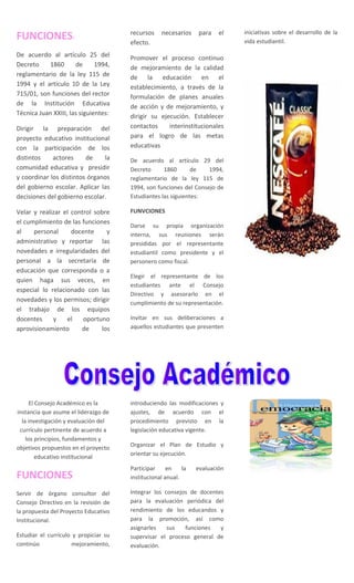 FUNCIONES:
De acuerdo al artículo 25 del
Decreto 1860 de 1994,
reglamentario de la ley 115 de
1994 y el artículo 10 de la Ley
715/01, son funciones del rector
de la Institución Educativa
Técnica Juan XXIII, las siguientes:
Dirigir la preparación del
proyecto educativo institucional
con la participación de los
distintos actores de la
comunidad educativa y presidir
y coordinar los distintos órganos
del gobierno escolar. Aplicar las
decisiones del gobierno escolar.
Velar y realizar el control sobre
el cumplimiento de las funciones
al personal docente y
administrativo y reportar las
novedades e irregularidades del
personal a la secretaría de
educación que corresponda o a
quien haga sus veces, en
especial lo relacionado con las
novedades y los permisos; dirigir
el trabajo de los equipos
docentes y el oportuno
aprovisionamiento de los
recursos necesarios para el
efecto.
Promover el proceso continuo
de mejoramiento de la calidad
de la educación en el
establecimiento, a través de la
formulación de planes anuales
de acción y de mejoramiento, y
dirigir su ejecución. Establecer
contactos interinstitucionales
para el logro de las metas
educativas
De acuerdo al artículo 29 del
Decreto 1860 de 1994,
reglamentario de la ley 115 de
1994, son funciones del Consejo de
Estudiantes las siguientes:
FUNVCIONES
Darse su propia organización
interna, sus reuniones serán
presididas por el representante
estudiantil como presidente y el
personero como fiscal.
Elegir el representante de los
estudiantes ante el Consejo
Directivo y asesorarlo en el
cumplimiento de su representación.
Invitar en sus deliberaciones a
aquellos estudiantes que presenten
iniciativas sobre el desarrollo de la
vida estudiantil.
El Consejo Académico es la
instancia que asume el liderazgo de
la investigación y evaluación del
currículo pertinente de acuerdo a
los principios, fundamentos y
objetivos propuestos en el proyecto
educativo institucional
FUNCIONES
Servir de órgano consultor del
Consejo Directivo en la revisión de
la propuesta del Proyecto Educativo
Institucional.
Estudiar el currículo y propiciar su
continúo mejoramiento,
introduciendo las modificaciones y
ajustes, de acuerdo con el
procedimiento previsto en la
legislación educativa vigente.
Organizar el Plan de Estudio y
orientar su ejecución.
Participar en la evaluación
institucional anual.
Integrar los consejos de docentes
para la evaluación periódica del
rendimiento de los educandos y
para la promoción, así como
asignarles sus funciones y
supervisar el proceso general de
evaluación.
 