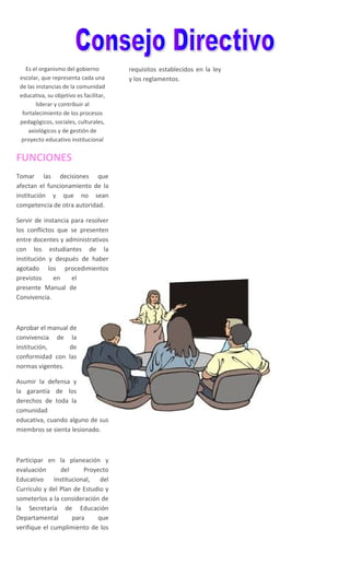 Es el organismo del gobierno
escolar, que representa cada una
de las instancias de la comunidad
educativa, su objetivo es facilitar,
liderar y contribuir al
fortalecimiento de los procesos
pedagógicos, sociales, culturales,
axiológicos y de gestión de
proyecto educativo institucional
FUNCIONES
Tomar las decisiones que
afectan el funcionamiento de la
institución y que no sean
competencia de otra autoridad.
Servir de instancia para resolver
los conflictos que se presenten
entre docentes y administrativos
con los estudiantes de la
institución y después de haber
agotado los procedimientos
previstos en el
presente Manual de
Convivencia.
Aprobar el manual de
convivencia de la
institución, de
conformidad con las
normas vigentes.
Asumir la defensa y
la garantía de los
derechos de toda la
comunidad
educativa, cuando alguno de sus
miembros se sienta lesionado.
Participar en la planeación y
evaluación del Proyecto
Educativo Institucional, del
Currículo y del Plan de Estudio y
someterlos a la consideración de
la Secretaría de Educación
Departamental para que
verifique el cumplimiento de los
requisitos establecidos en la ley
y los reglamentos.
 