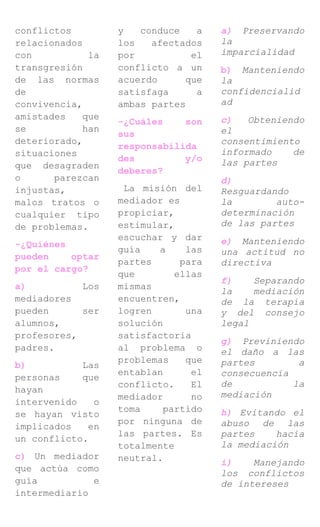 conflictos
relacionados
con la
transgresión
de las normas
de
convivencia,
amistades que
se han
deteriorado,
situaciones
que desagraden
o parezcan
injustas,
malos tratos o
cualquier tipo
de problemas.
-¿Quiénes
pueden optar
por el cargo?
a) Los
mediadores
pueden ser
alumnos,
profesores,
padres.
b) Las
personas que
hayan
intervenido o
se hayan visto
implicados en
un conflicto.
c) Un mediador
que actúa como
guía e
intermediario
y conduce a
los afectados
por el
conflicto a un
acuerdo que
satisfaga a
ambas partes
-¿Cuáles son
sus
responsabilida
des y/o
deberes?
La misión del
mediador es
propiciar,
estimular,
escuchar y dar
guía a las
partes para
que ellas
mismas
encuentren,
logren una
solución
satisfactoria
al problema o
problemas que
entablan el
conflicto. El
mediador no
toma partido
por ninguna de
las partes. Es
totalmente
neutral.
a) Preservando
la
imparcialidad
b) Manteniendo
la
confidencialid
ad
c) Obteniendo
el
consentimiento
informado de
las partes
d)
Resguardando
la auto-
determinación
de las partes
e) Manteniendo
una actitud no
directiva
f) Separando
la mediación
de la terapia
y del consejo
legal
g) Previniendo
el daño a las
partes a
consecuencia
de la
mediación
h) Evitando el
abuso de las
partes hacia
la mediación
i) Manejando
los conflictos
de intereses
 