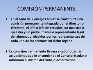 COMISIÓN PERMANENTEEn el seno del Consejo Escolar se constituirá una comisión permanente integrada por el director o directora, el jefe o jefa de estudios, un maestro o maestra y un padre, madre o representante legal del alumnado, elegidos por los representantes de cada uno de los sectores en dicho órgano.2. La comisión permanente llevará a cabo todas las actuaciones que le encomiende el Consejo Escolar e informará al mismo del trabajo desarrollado.