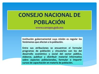 CONSEJO NACIONAL DE
POBLACIÓN
www.conapo.gob.mx
Institución gubernamental cuya misión es regular los
fenómenos que afectan a la población.
Entre sus atribuciones se encuentran el formular
programas de población y vincularlos con los del
desarrollo económico y social del sector público,
elaborar, publicar y distribuir material informativo
sobre aspectos poblacionales, formular e impartir
cursos de capacitación en materia de población.
 