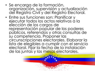 • Se encarga de la formación,
organización, supervisión y actualización
del Registro Civil y del Registro Electoral.
• Entre sus funciones son: Planificar y
ejecutar todos los actos relativos a la
elección de los cargos de
representación popular de los poderes
públicos, referendos y otras consultas de
su competencia. Proponer las
circunscripciones electorales. Elaborar la
lista de elegibles a cumplir con el servicio
electoral. Fijar la fecha de la instalación
de las juntas y las mesas electorales.
 