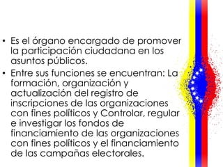 • Es el órgano encargado de promover
la participación ciudadana en los
asuntos públicos.
• Entre sus funciones se encuentran: La
formación, organización y
actualización del registro de
inscripciones de las organizaciones
con fines políticos y Controlar, regular
e investigar los fondos de
financiamiento de las organizaciones
con fines políticos y el financiamiento
de las campañas electorales.
 