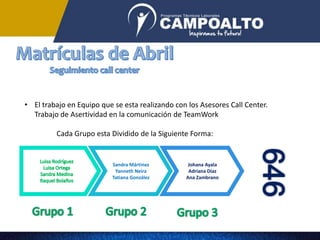 • El trabajo en Equipo que se esta realizando con los Asesores Call Center.
Trabajo de Asertividad en la comunicación de TeamWork
Cada Grupo esta Dividido de la Siguiente Forma:
Sandra Mártinez
Yanneth Neira
Tatiana González
Johana Ayala
Adriana Díaz
Ana Zambrano
 