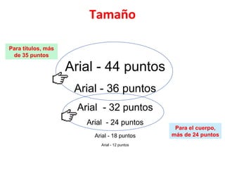 Tamaño Arial - 44 puntos Arial - 36 puntos Arial  - 32 puntos Arial  - 24 puntos Arial - 18 puntos Arial - 12 puntos Para títulos, más de 35 puntos Para el cuerpo, más de 24 puntos 