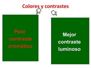 Peor  contraste cromático Colores y contrastes Mejor  contraste  luminoso  