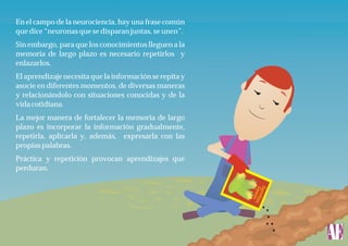 En el campo de la neurociencia, hay una frase común
que dice “neuronas que se disparan juntas, se unen”.
Sin embargo, para que los conocimientos lleguen a la
memoria de largo plazo es necesario repetirlos y
enlazarlos.
El aprendizaje necesita que la información se repita y
asocie en diferentes momentos, de diversas maneras
y relacionándolo con situaciones conocidas y de la
vida cotidiana.
La mejor manera de fortalecer la memoria de largo
plazo es incorporar la información gradualmente,
repetirla, aplicarla y, además, expresarla con las
propias palabras.
Práctica y repetición provocan aprendizajes que
perduran.
Se
Semillas
eds

 