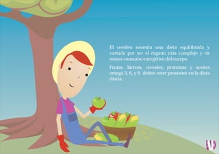 El cerebro necesita una dieta equilibrada y
variada por ser el órgano más complejo y de
mayor consumo energético del cuerpo.
Frutas, lácteos, cereales, proteínas y aceites
omega 3, 6, y 9 deben estar presentes en la dieta
diaria.

 