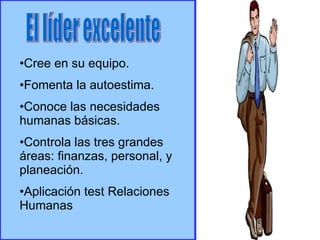 El líder excelente Cree en su equipo. Fomenta la autoestima. Conoce las necesidades humanas básicas. Controla las tres grandes áreas: finanzas, personal, y planeación.  Aplicación test Relaciones Humanas 