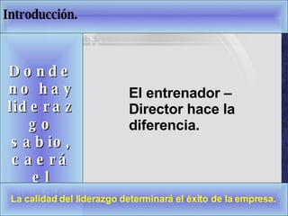 Introducción. Donde no hay liderazgo sabio, caerá el pueblo. La calidad del liderazgo determinará el éxito de la empresa. El   entrenador – Director hace la diferencia. 