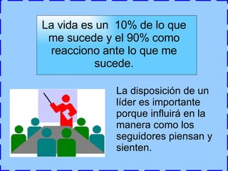 La disposición de un líder es importante porque influirá en la manera como los seguidores piensan y sienten. La vida es un  10% de lo que me sucede y el 90% como reacciono ante lo que me sucede. 