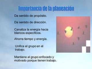 Importancia de la planeación Da sentido de propósito. Da sentido de dirección. Canaliza la energía hacia blancos específicos. Ahorra tiempo y energía. Unifica el grupo en el trabajo. Mantiene al grupo enfocado y motivado porque tienen trabajo. 