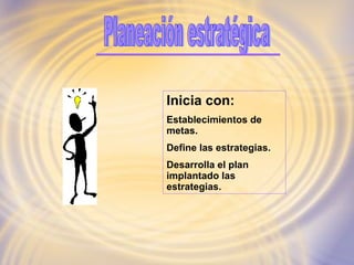 Planeación estratégica Inicia con: Establecimientos de metas. Define las estrategias. Desarrolla el plan implantado las estrategias. 