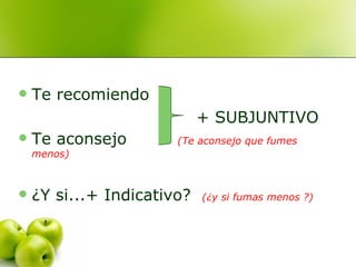 Te recomiendo + SUBJUNTIVO Te aconsejo   (Te aconsejo que fumes menos) ¿Y si...+ Indicativo?  (¿y si fumas menos ?) 