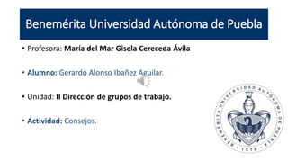 Benemérita Universidad Autónoma de Puebla
• Profesora: María del Mar Gisela Cereceda Ávila
• Alumno: Gerardo Alonso Ibañez Aguilar.
• Unidad: II Dirección de grupos de trabajo.
• Actividad: Consejos.
 