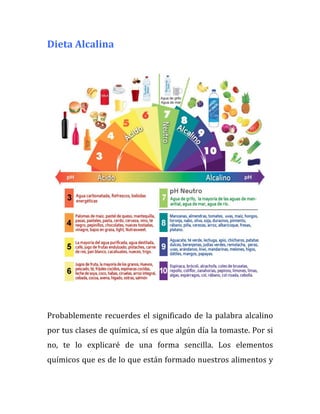 Dieta	
  Alcalina	
  
	
  
	
  
	
  
Probablemente	
  recuerdes	
  el	
  significado	
  de	
  la	
  palabra	
  alcalino	
  
por	
  tus	
  clases	
  de	
  química,	
  sí	
  es	
  que	
  algún	
  día	
  la	
  tomaste.	
  Por	
  si	
  
no,	
   te	
   lo	
   explicaré	
   de	
   una	
   forma	
   sencilla.	
   Los	
   elementos	
  
químicos	
  que	
  es	
  de	
  lo	
  que	
  están	
  formado	
  nuestros	
  alimentos	
  y	
  
 