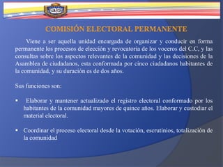 Viene a ser aquella unidad encargada de organizar y conducir en forma
permanente los procesos de elección y revocatoria de los voceros del C.C, y las
consultas sobre los aspectos relevantes de la comunidad y las decisiones de la
Asamblea de ciudadanos, esta conformada por cinco ciudadanos habitantes de
la comunidad, y su duración es de dos años.
Sus funciones son:
 Elaborar y mantener actualizado el registro electoral conformado por los
habitantes de la comunidad mayores de quince años. Elaborar y custodiar el
material electoral.
 Coordinar el proceso electoral desde la votación, escrutinios, totalización de
la comunidad
 