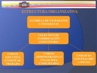 ASAMBLEA DE CIUDADANOS
Y CIUDADANAS
COLECTIVO DE
COORDINACIÓN
COMUNITARIA
UNIDAD
EJECUTIVA
(COMITÉ DE
TRABAJO)
UNIDAD
ADMINISTRATIVAY
FINANCIERA
COMUNITARIA
UNIDAD DE
CONTRALORÍ
A SOCIAL
 