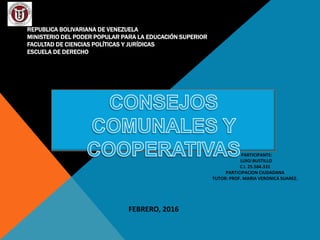 REPUBLICA BOLIVARIANA DE VENEZUELA
MINISTERIO DEL PODER POPULAR PARA LA EDUCACIÓN SUPERIOR
FACULTAD DE CIENCIAS POLÍTICAS Y JURÍDICAS
ESCUELA DE DERECHO
FEBRERO, 2016
PARTICIPANTE:
LUIGI BUSTILLO
C.I. 25.584.331
PARTICIPACION CIUDADANA
TUTOR: PROF. MARIA VERONICA SUAREZ.
 